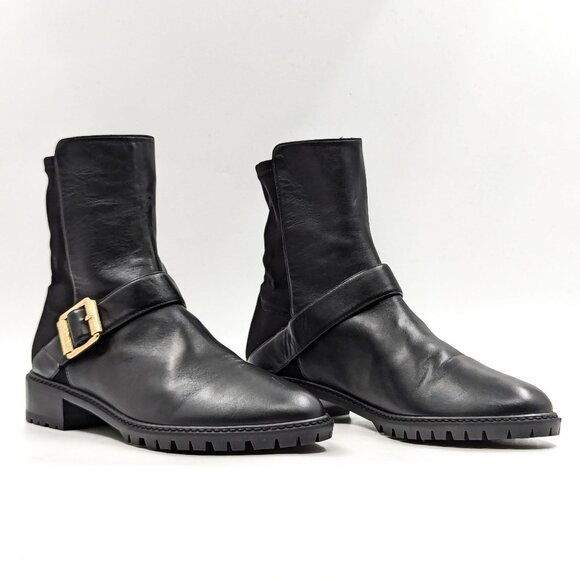 Stuart Weitzman Wmn City Buckle Stretch Panel Black Buckle Ankle Dress Boots 9 - Picture 1 of 10